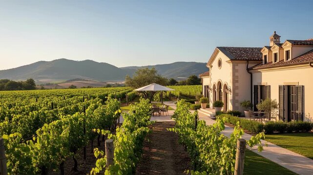 Scenic view of a vineyard estate with rows of green grapevines. Mediterranean villa with an outdoor patio overlooking rolling hills on a sunny summer day