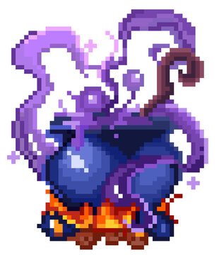 Pixel art fantasy magic cauldron with stirring stick and purple smoke