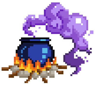 Pixel art boiling cauldron over fire with purple smoke