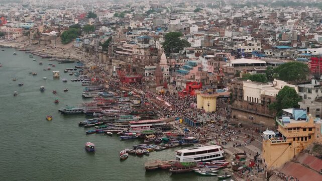 Aerial view of varanasi city with ghats along the sacred ganges river in india