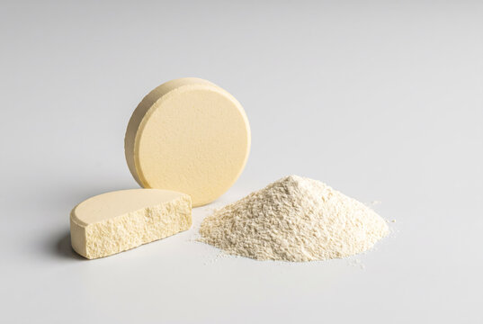 Solid-State Battery Sulfide Electrolyte Pellet with Fractured Cross-Section and Raw Powder