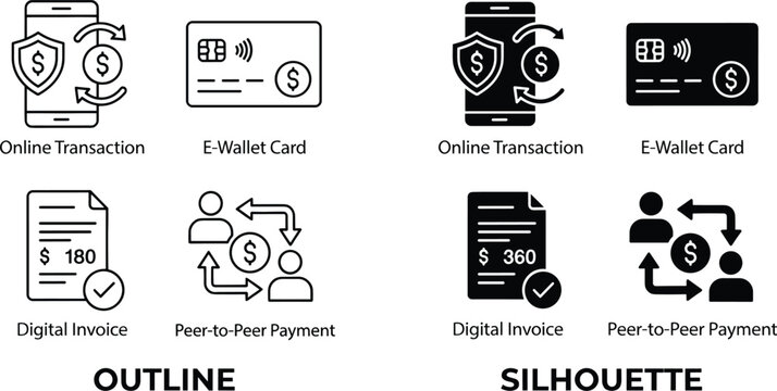 Financial technology in outline and solid silhouette styles showcasing online transactions, e-wallet cards and peer-to-peer payments