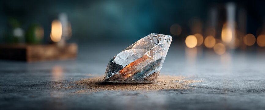 Shimmering diamond resting on a surface, sparkles, soft lighting, bokeh background