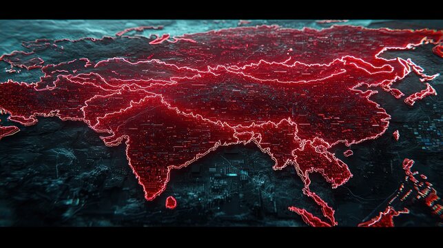 Eurasia map illuminated with vibrant red outlines