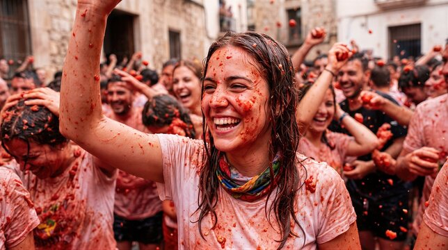 Cheerful woman covered in tomato pulp laughing during La Tomatina festival in Spain. Crowd messy with red fruit puree participating in massive food fight street event celebrate culture.
