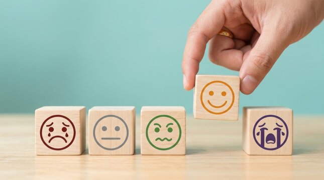 Hand selecting a happy face block among negative emotions