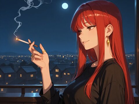 女性　赤髪　ロングヘアー　笑み　黒いシャツ　月明かり　夜景　タバコを吸っている　金のイヤリング　金の指輪