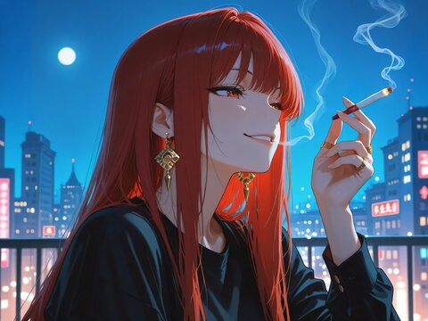 女性　赤髪　ロングヘアー　笑み　黒いシャツ　月明かり　夜景　タバコを吸っている　金のイヤリング　金の指輪