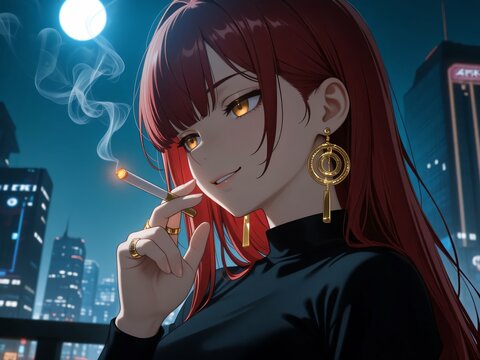 女性　赤髪　ロングヘアー　笑み　黒いシャツ　月明かり　夜景　タバコを吸っている　金のイヤリング　金の指輪