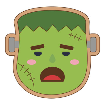 Cute tired Halloween Frankenstein monster head cookie with open mouth vector illustration.