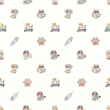 Funny veterinary pet clinic seamless pattern for graphic design resources, cute cartoon animals and vet doctor doodle background, AI illustration