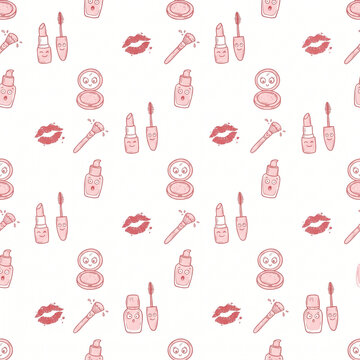 Cute pink makeup seamless pattern for graphic design resources, cartoon cosmetics doodle background, AI illustration
