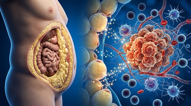 3d illustration of human obesity showing visceral fat surrounding internal organs and a microscopic view of inflammatory cells and adipose tissue