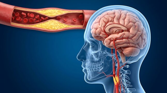 3d medical illustration of atherosclerosis in the carotid artery leading to stroke and brain damage