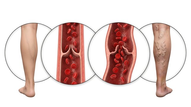 Comparison of healthy leg vein and varicose vein with venous insufficiency and blood pooling