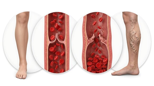 Healthy vein vs varicose vein with damaged valves and blood pooling in human leg