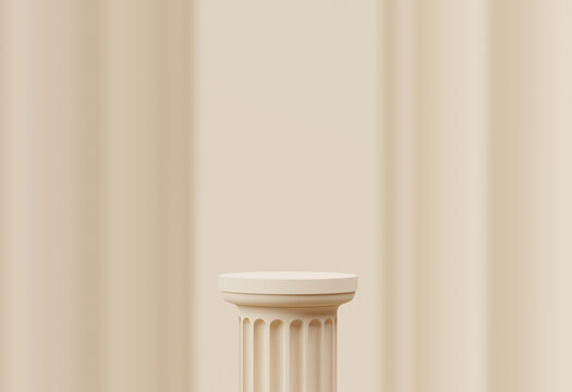 3D background column podium, pillar display . Naturalw pastel beige backdrop. Nature product promotion beauty cosmetics . Nude Studio Minimal showcase 3D render advertisement with copy space.
