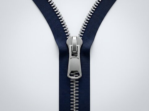 Close up of a metal zipper on dark blue fabric isolated on white background