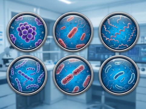 Set of various bacteria types including cocci, bacilli, and spirilla under a microscope, representing microbiology, medical research, and scientific study concepts