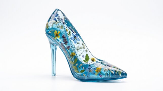 High heel shoe made of blue resin with flowers, isolated on white