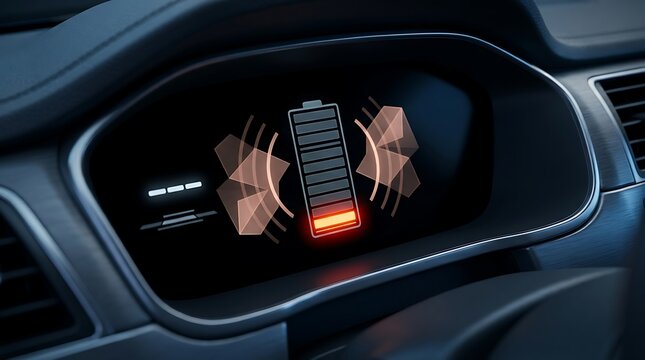 Electric car dashboard displaying a low battery warning and charging status, indicating the need for immediate power replenishment.