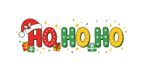 Fototapeta premium Festive Ho Ho Ho Christmas typography with Santa hat and gifts