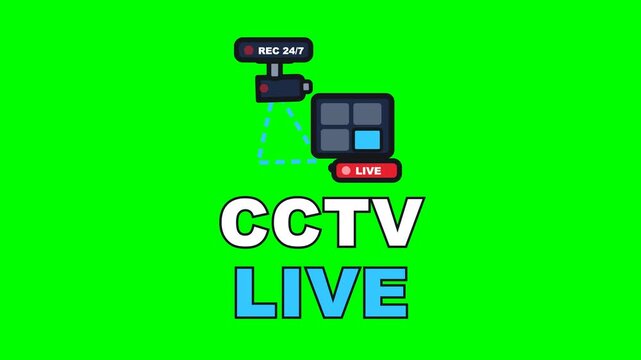 4K green screen CCTV LIVE animated text - the camera panning as the monitor cuts feeds, kinetic typography locksmith and security overlay for trade content and social media, chroma key