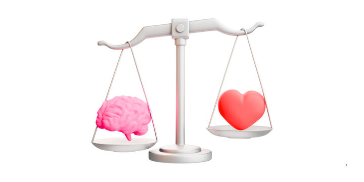 Conceptual balance scale with brain and heart, logic and emotion comparison, mental health and emotional intelligence metaphor