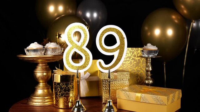 Gold Number 89 with Silver Glitter Sparkles with Gifts and Balloons and Cupcakes for Party Eighty Nine