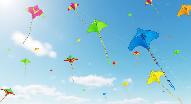 Many colorful kites flying in a bright blue sunny sky