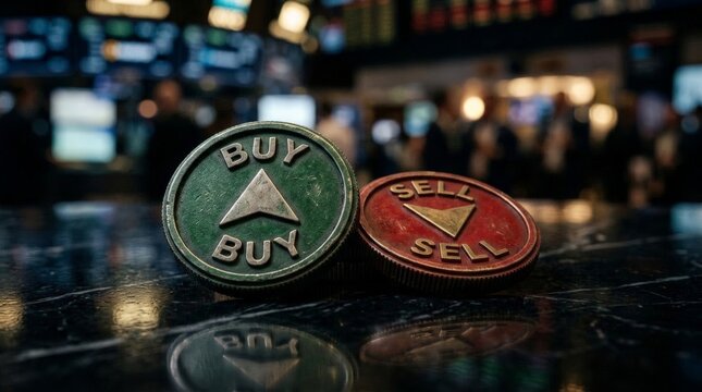 A green buy token and a red sell token sit on a reflective surface representing trading money loss in a blurred financial market filled with distant blurred people and stock tickers