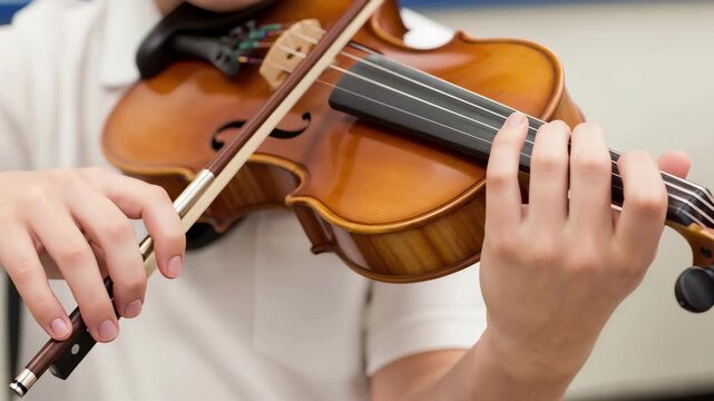 Close-up of a musician playing a wooden violin. Hands slowly drawing the bow across the strings and adjusting fingers on the fingerboard. Classical music performance and artistic skill