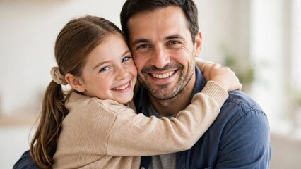Fototapeta premium Happy father and daughter hugging at home, loving dad embracing his young child
