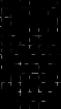 Dynamic loop animation of white and gray lines forming crosses and dashes, creating a subtle grid effect on a black backdrop, vertical video background