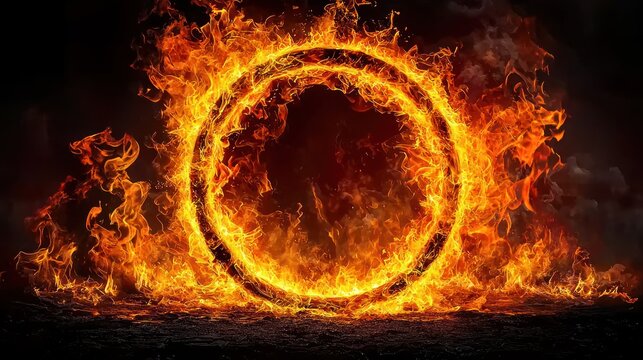 Fiery ring is burning hot on black landscape
