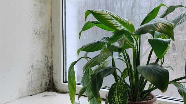 houseplant by window. drops of water run down wet glass. condensation on window pane. black fungal mold window. poor ventilation and high humidity in apartment