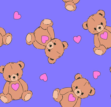 Cute teddy bears with pink hearts scattered on a vibrant lavender background seamless pattern for children's textiles