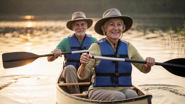 Active senior couple paddling a canoe on a lake at sunset. Older man and woman wearing life jackets and hats enjoying a synchronized boat ride. Outdoor retirement lifestyle and recreation