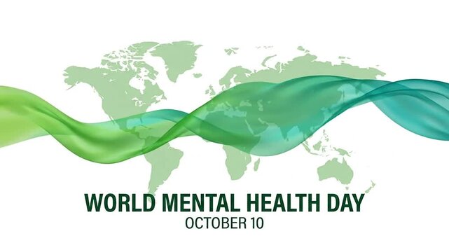 World Mental Health Day concept animation with green world map and flowing wave