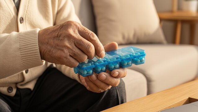 Medical - Elderly man organizing medication in a pill box at home