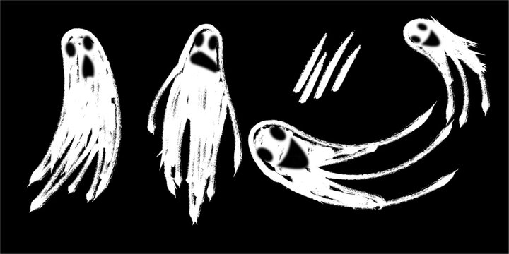 Four spooky white ghosts float against a dark background creating a classic halloween scene