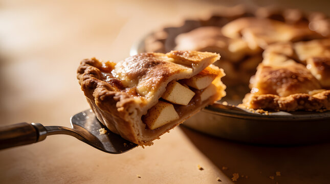Freshly baked apple pie slice being lifted with pie server, steam rising, rustic kitchen scene