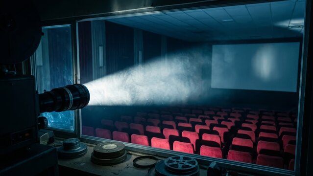 Entertainment - Vintage movie projector in a projection room casting light to a cinema screen