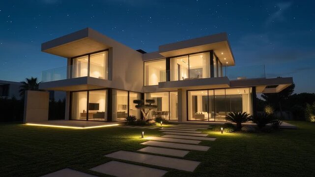Contemporary luxury villa at golden hour with cantilevered balconies, glass railings, landscaped lawn and concrete pavers, cinematic.