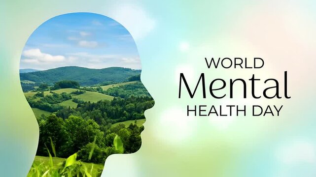 World Mental Health Day concept with a human head silhouette filled with peaceful green hills
