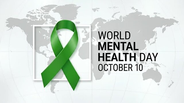 World Mental Health Day typography and green ribbon on world map background