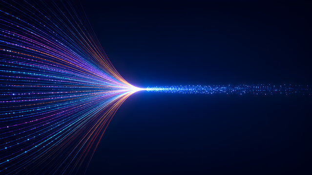 Abstract visualization of data streams converging into a bright light representing information flow and digital transformation