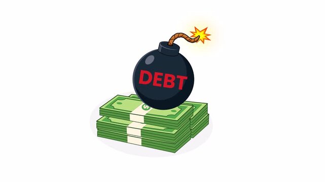 Flat 2D vector animation showing a debt bomb placed on a stack of money, symbolizing financial risk, debt burden, economic pressure, bankruptcy, and financial crisis, alpha channel