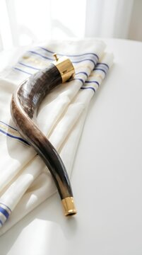 Shofar ram horn resting on a white Jewish tallit prayer shawl.