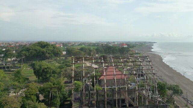 Abandoned Theme Park On Padang Galak Beach Bali Indonesia Drone Rise Above 4K 60FPS
